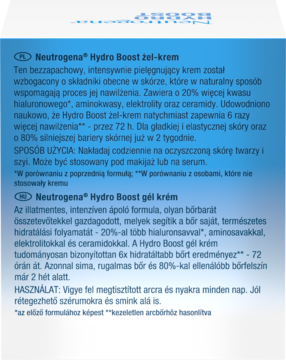Neutrogena Hydro Boost żel-krem, zbliżenie na tył opakowania z polskim i węgierskim opisem na niebieskim tle.