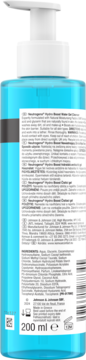 Tył niebieskiej butelki Neutrogena Hydro Boost nawadniajacego żelu do mycia twarzy, z białą pompką i etykietą, 200 ml.