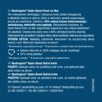 Tył opakowania Neutrogena Hydro Boost Krem na Noc. Biały tekst z detalami o produkcie, szklany słoiczek 100% do recyklingu.