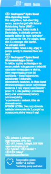 Tył niebieskiej butelki Neutrogena Hydro Boost Ultra-Hydrating Serum z opisem składu i użycia.