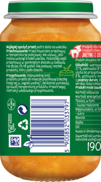 Tył szklanego słoiczka BoboVita Jarzynki z Cielęciną, zielona etykieta z instrukcjami przygotowania i kodem kreskowym.