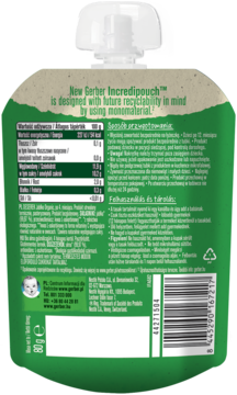 Tył zielono-białego opakowania Gerber Incredipouch™ z nakrętką, z tekstem o monomateriale do recyklingu.