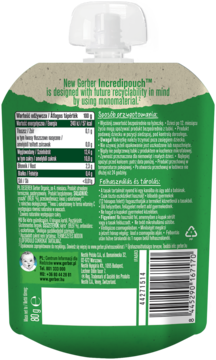 Widok z tyłu zielonej saszetki puree Gerber Organic Gruszka, z nakrętką. Czytelne etykiety i kod kreskowy.