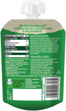 Tył zielono-beżowej saszetki Gerber Organic Mango Incredipouch z danymi odżywczymi i kodem kreskowym.