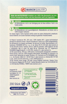 Tył białego opakowania patyczków kosmetycznych BIO Rossmann, 200 sztuk, z kodem kreskowym.