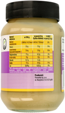 Tył słoika z pastą sezamową 100%, z widoczną etykietą, tabelą wartości odżywczych i danymi producenta.