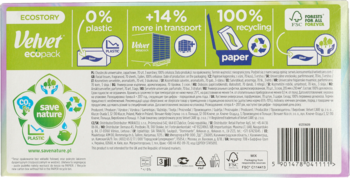 Tył opakowania chusteczek Velvet Balsam z infografikami: 0% plastiku, 100% recyklingu.
