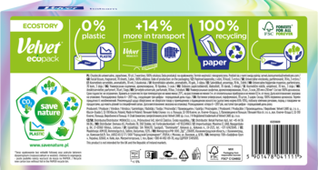 Tył opakowania chusteczek Velvet Balsam: 0% plastiku, 100% recyklingu, logo 'Save nature' na pastelowym tle.