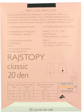 Tył różowego opakowania rajstop Naris Classic 20 den, z informacjami o rozmiarach i składzie.