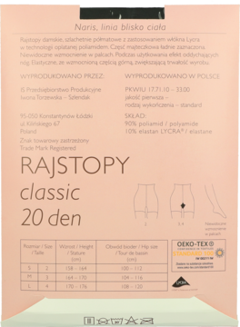 Tył jasnoróżowego opakowania rajstop Naris Classic 20 den z Lycrą, z tabelą rozmiarów i opisem produktu.