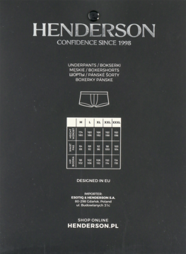 Czarna zawieszka Henderson dla męskich bokserek z grafiką, tabelą rozmiarów i tekstem 'CONFIDENCE SINCE 1998'.
