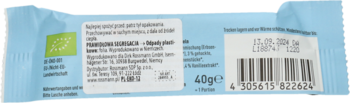Tył jasnoniebieskiego opakowania produktu BIO, 40g, z informacją o wegańskim składzie i kodem kreskowym.