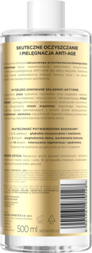 Tył butelki 500 ml micelarnego płynu Anti-Age ze złotą etykietą, widoczne informacje o składzie i zastosowaniu.