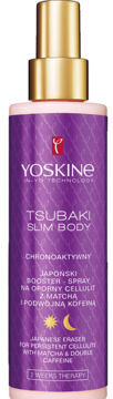 Yoskine Tsubaki Slim Body, fioletowy spray na cellulit z kofeiną i matchą, widok z przodu.