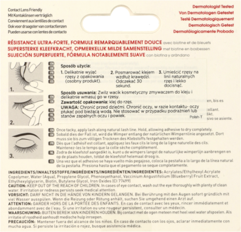 Tył opakowania czarnego kleju do rzęs Kiss Lash Couture, z instrukcją i składem w wielu językach.