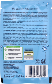 Tył niebiesko-białej maski w płachcie Isana Hydro Booster z polskim opisem składu i działania.