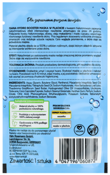 Tył niebieskiego opakowania maski w płachcie Isana Hydro Booster, z listą składników i kodem kreskowym.