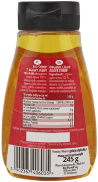 Organiczny jasny syrop z agawy Bio Planet, widok z tyłu. Przezroczysta butelka z czerwoną etykietą i kodem kreskowym.