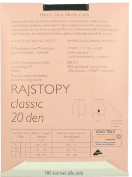 Opakowanie półmatowych rajstop damskich Naris Classic 20 den z widocznym składem i tabelą rozmiarów.