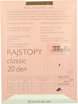 Tył opakowania rajstop Noris Classic 20 den, biała paczka z zielonym tłem, tabela rozmiarów, skład.