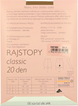 Tył opakowania rajstop Naris Classic 20 den, z tabelą rozmiarów, składem Lycra i certyfikatem Oeko-Tex.