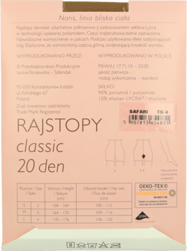 Tył beżowego opakowania rajstop Naris Classic 20 den, z tabelą rozmiarów i składem Lycra.
