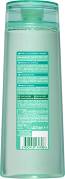 Tył butelki wzmacniającego szamponu Garnier 400ml, z zieloną etykietą, tekstem i kodem kreskowym.