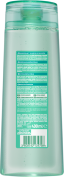 Tył zielonej butelki szamponu wzmacniającego Garnier 400ml do włosów odwodnionych z listą składników.
