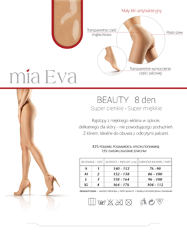 Opakowanie rajstop Mia Eva Beauty 8 den, beżowe, super cienkie. Modelka prezentuje transparentny materiał.