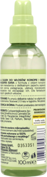 Tył zielonej butelki ISANA Olejek do włosów KONOPIE & MAKADAMIA 100ml, etykieta, logo wegan.