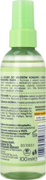 Tył przezroczystej butelki ISANA Olejek Konopie & Makadamia 100ml z zieloną etykietą i składnikami.
