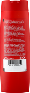 Tył czerwonej butelki szamponu/żelu Old Spice Bearglove 400 ml, z etykietą, składem i kodem kreskowym.