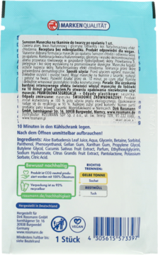 Tył opakowania Sunozon maski po opalaniu, jasnoniebieska saszetka z opisem i składnikami.