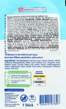 Tył białego opakowania maski w płachcie Sunozon po opalaniu, z listą składników, kodem kreskowym.