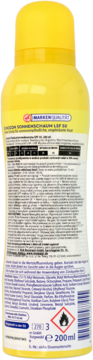 Tył żółtej butelki Sunozon Sun Foam SPF 50, z etykietą składu, informacji o ochronie UV i symbolem płomienia.