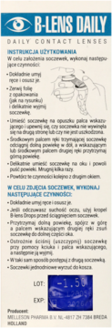Instrukcje użycia soczewek kontaktowych B-Lens Daily -1.50, widok opakowania z bliska, tekst i dane produktu.