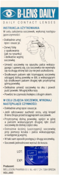 Widok z przodu: biała ulotka instrukcji soczewek B-Lens Daily z polskim tekstem, rysunkiem i etykietą LOT/EXP.