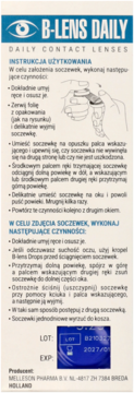 Pudełko B-LENS DAILY jednodniowych soczewek kontaktowych z niebieskim logo i instrukcją po polsku, widok z przodu.