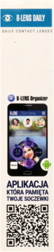 Reklama B-Lens Daily: pionowy baner z logo, smartfonem z aplikacją do soczewek kontaktowych i kodem QR.