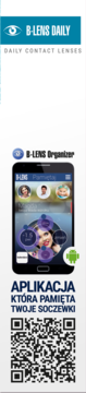 Reklama B-Lens Daily: smartfon z aplikacją do pamiętania soczewek, logo i kod QR.