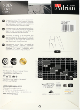 Tył białego opakowania rajstop Adrian 15 den Dovile String, z tabelą rozmiarów, składem i opisem produktu.