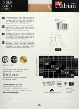 Tył beżowego opakowania rajstop Adrian 15 DEN String, z opisem, tabelą rozmiarów i kodem EAN.