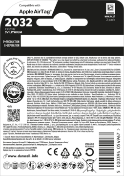 DURACELL ,baterie 3V Lithium, DL/CR 2032,tył