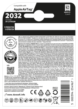 Tył opakowania baterii Duracell CR2032 3V Lithium, 2 sztuki, do Apple AirTag, z informacjami i kodem QR.