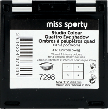 Tył czarnego opakowania cieni Miss Sporty Studio Colour Quattro 416 Unicorn Swag z etykietą.