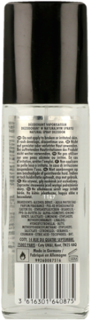 Tył przezroczystej butelki bruno banani Made for Men dezodorantu w sprayu, widoczne składniki i kod kreskowy.