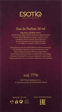 Tył ciemnobordowego, matowego opakowania ESOTIQ Eau de Parfum 50 ml, z białym tekstem i danymi producenta.