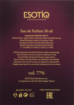 Tył opakowania ESOTIQ Eau de Parfum 30 ml, bordowe tło z białym tekstem i listą składników.