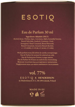 Tył bordowego opakowania perfum ESOTIQ Eau de Parfum 30 ml, z widocznym składem i informacjami.