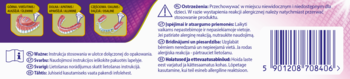Tył opakowania kremu Corega Max Mocowanie + Osłona, fioletowo-różowe, z diagramami użycia i kodem kreskowym.